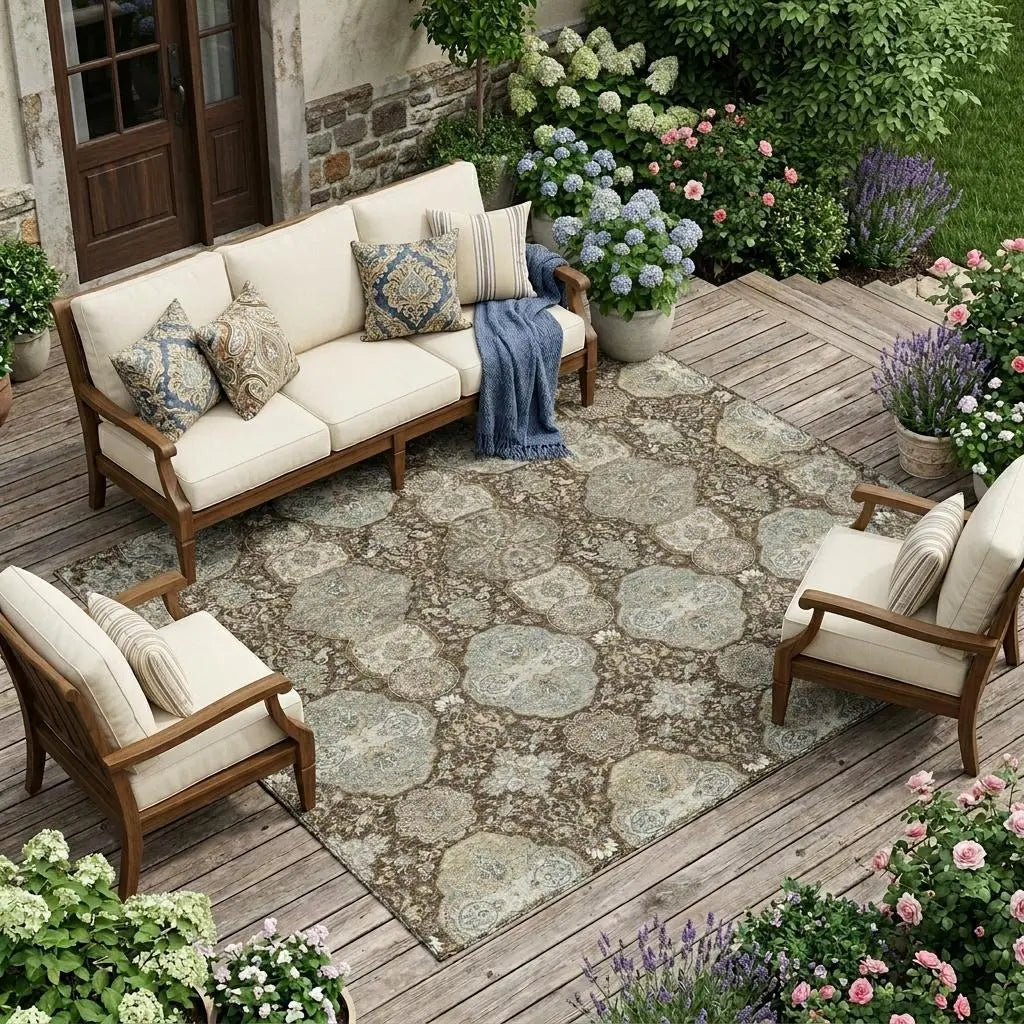 10' X 14' Chocolate And Brown Floral Washable Indoor Outdoor Area Rug Homeroots Outdoor