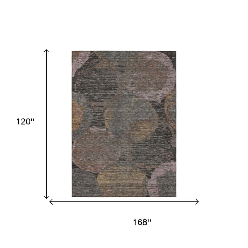 Multicolored abstract area rug, 168"x120", features gray, beige, and pink circles, crafted from soft synthetic fibers.