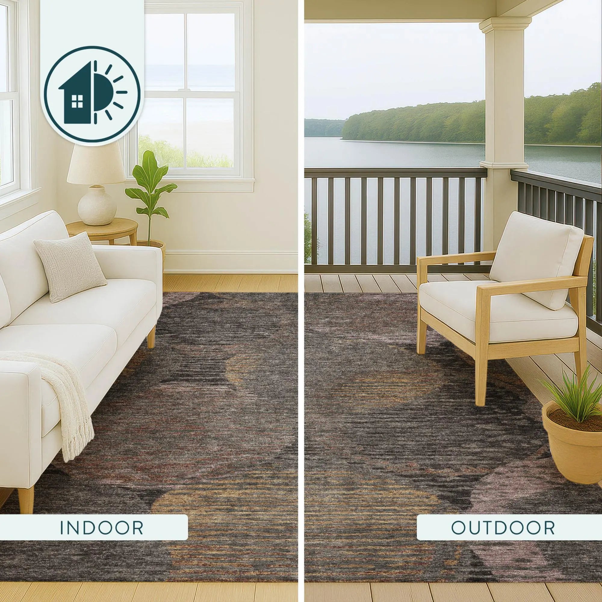 Neutral-colored area rug, designed for indoor and outdoor use, featuring a floral pattern on soft, durable material.