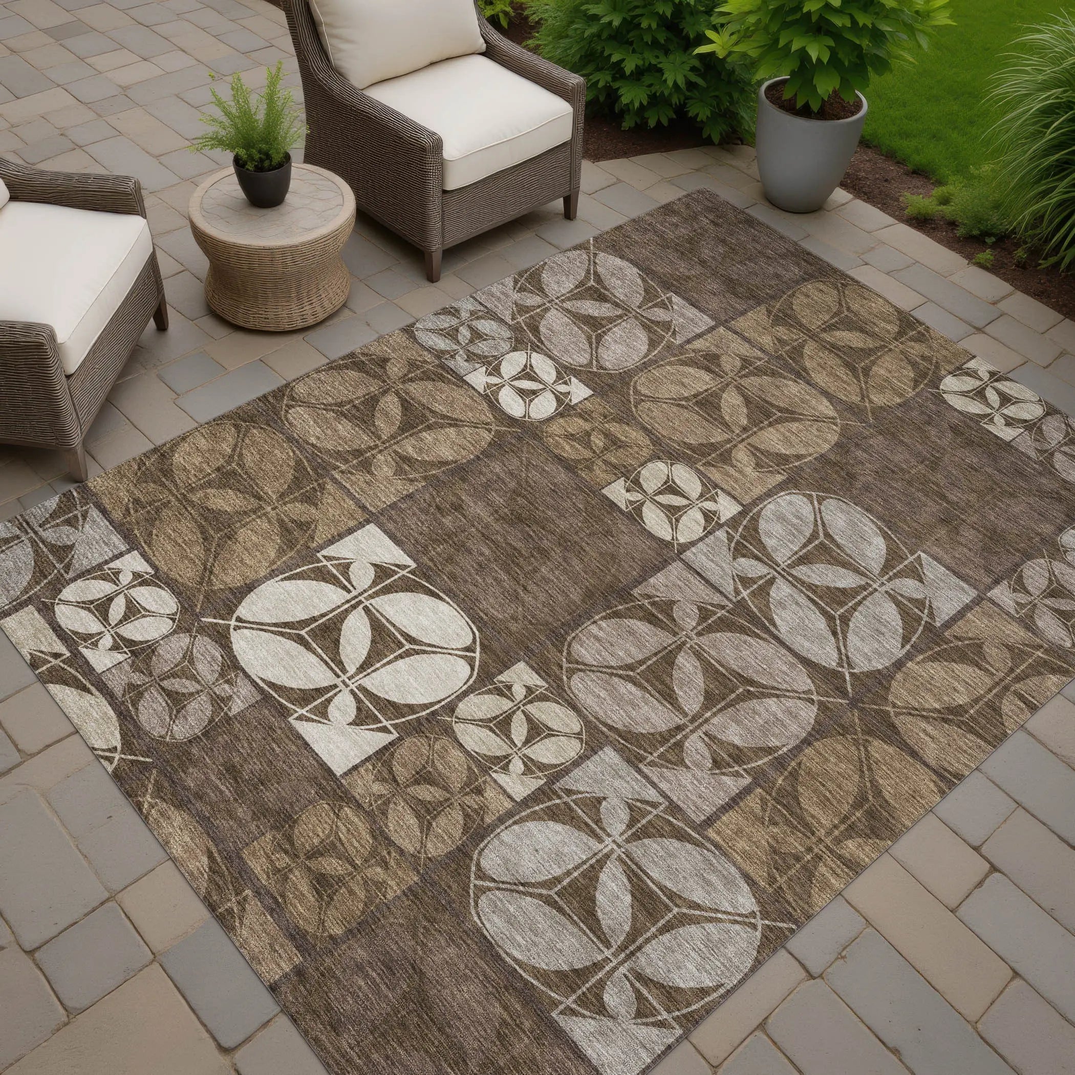 10' X 14' Chocolate And Brown Geometric Washable Indoor Outdoor Area Rug Homeroots Outdoor