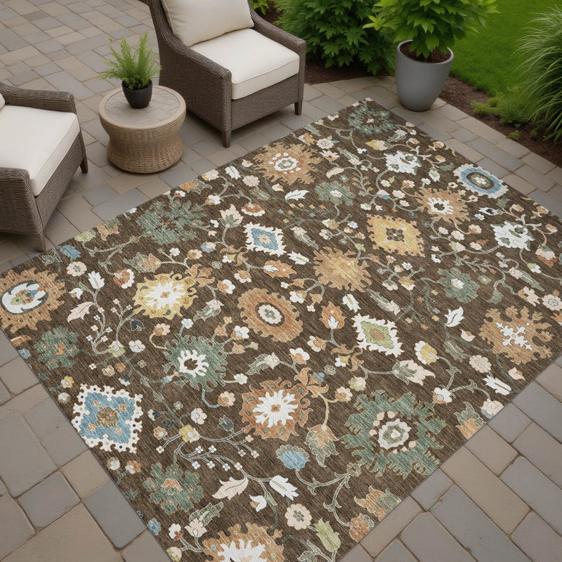 10' X 14' Chocolate And Copper Floral Medallion Washable Indoor Outdoor Area Rug Homeroots Outdoor