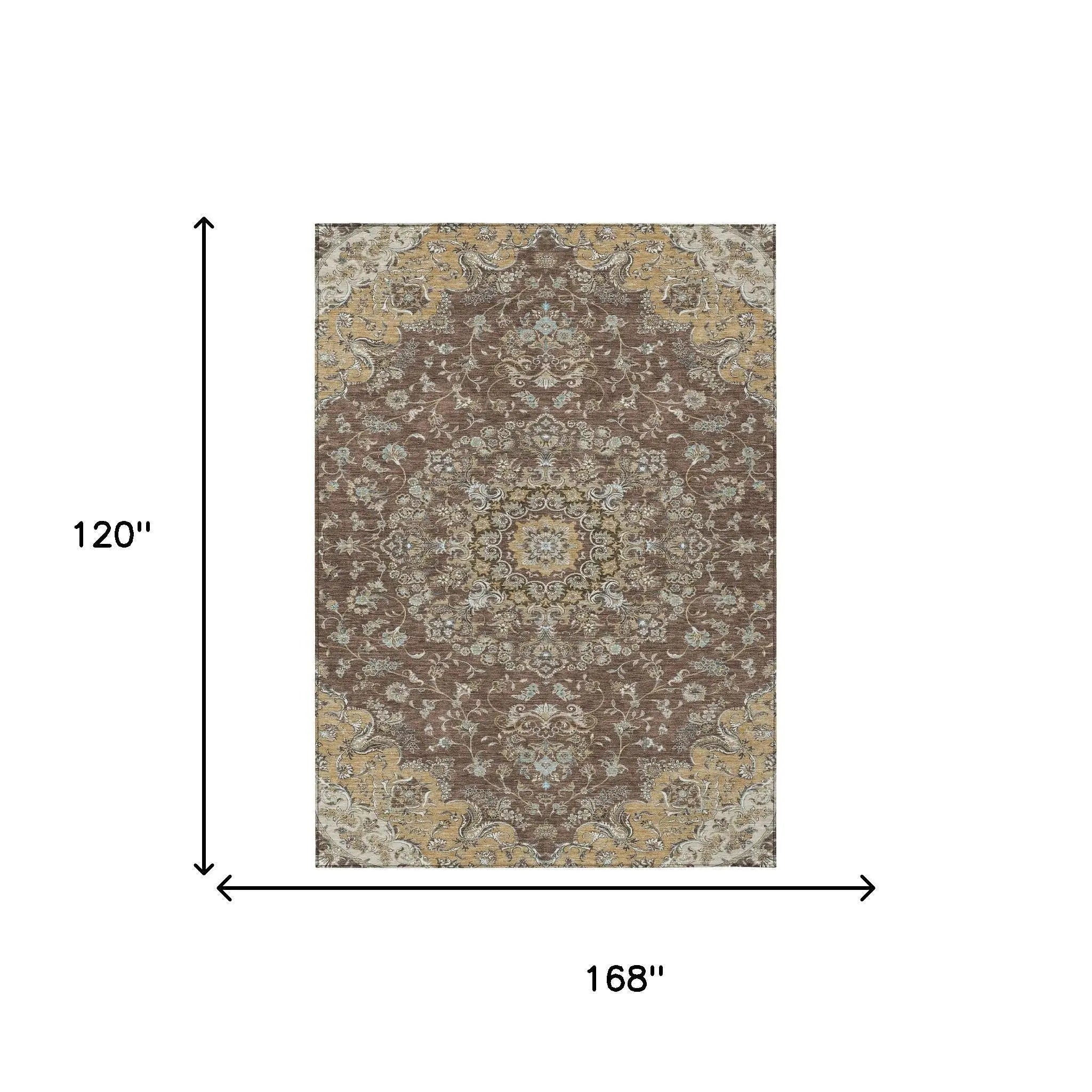 10' X 14' Chocolate And Copper Floral Medallion Washable Indoor Outdoor Area Rug Homeroots Outdoor