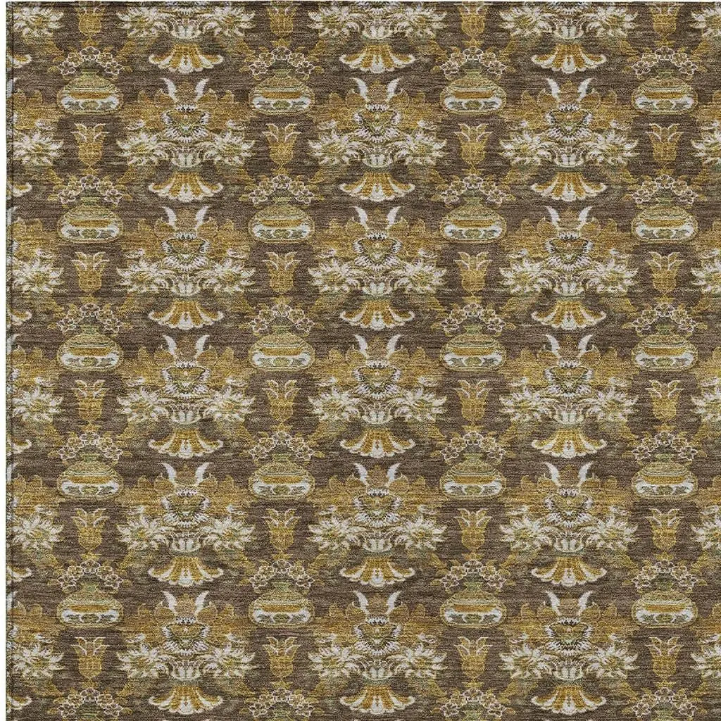 10' X 14' Chocolate And Copper Floral Washable Indoor Outdoor Area Rug Homeroots Outdoor