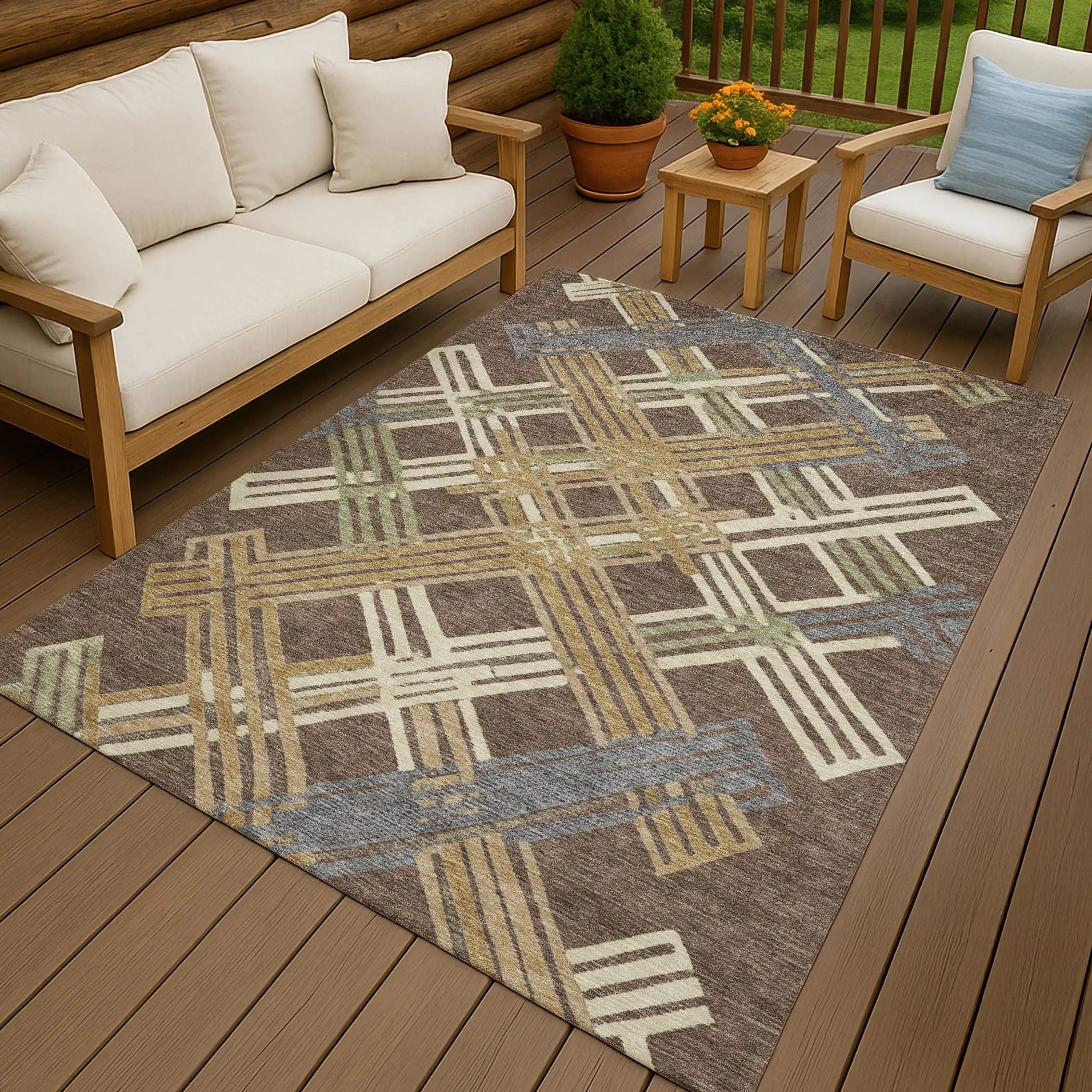 10' X 14' Chocolate And Gold Geometric Washable Indoor Outdoor Area Rug Homeroots Outdoor
