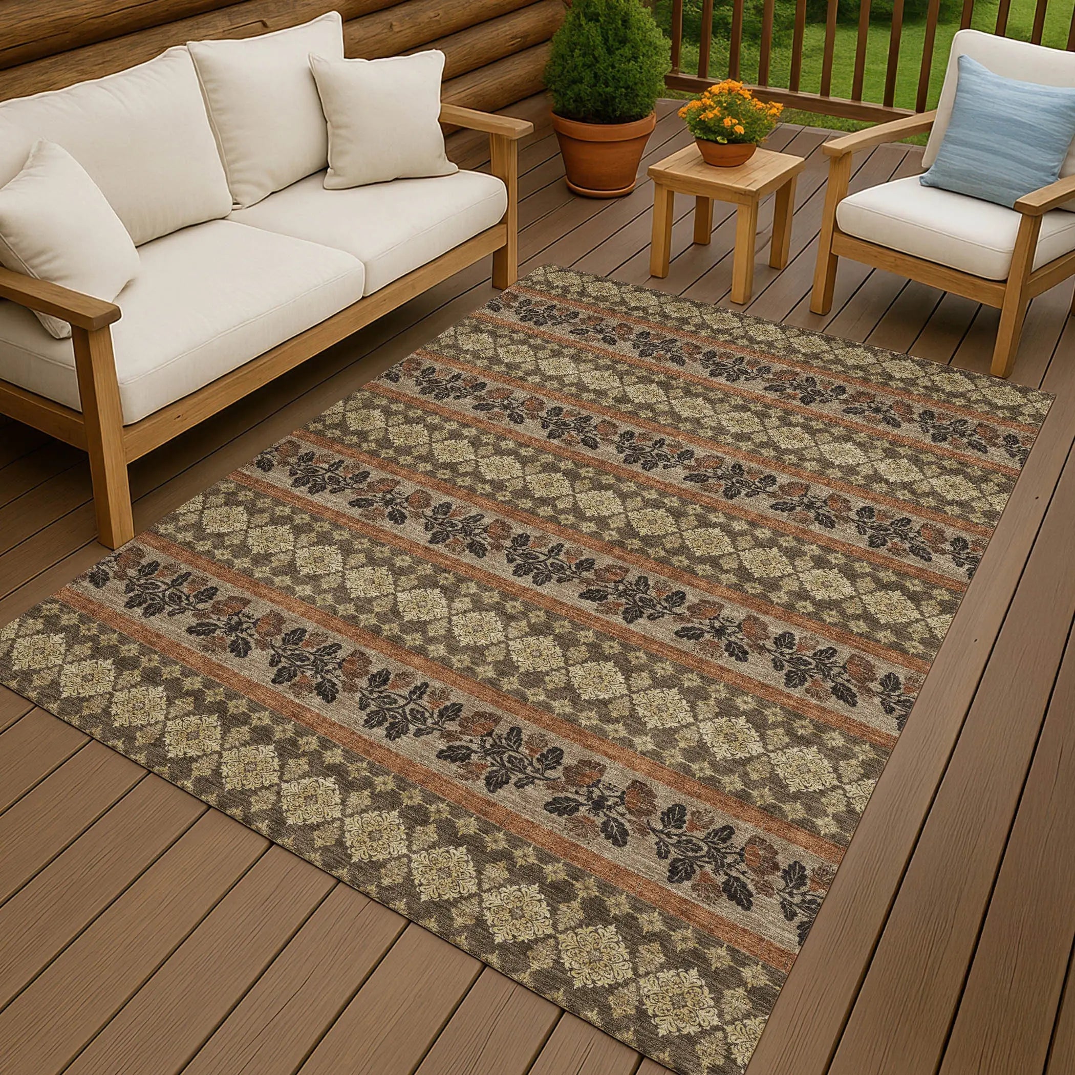 10' X 14' Chocolate And Gold Striped Washable Indoor Outdoor Area Rug Homeroots Outdoor