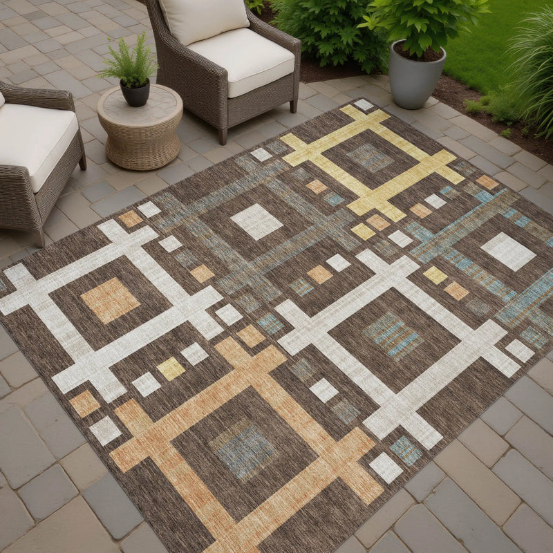 10' X 14' Chocolate And Graphite Geometric Washable Indoor Outdoor Area Rug Homeroots Outdoor