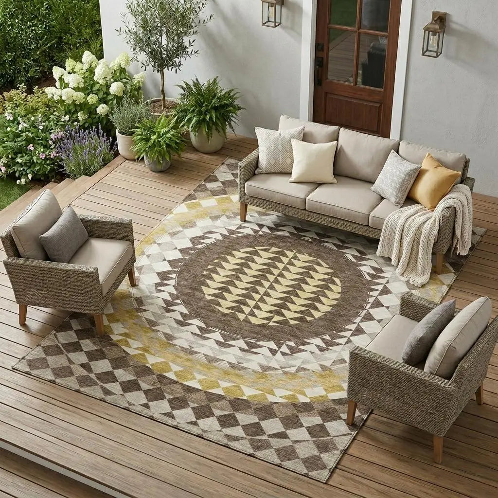 10' X 14' Chocolate And Green Geometric Washable Indoor Outdoor Area Rug Homeroots Outdoor