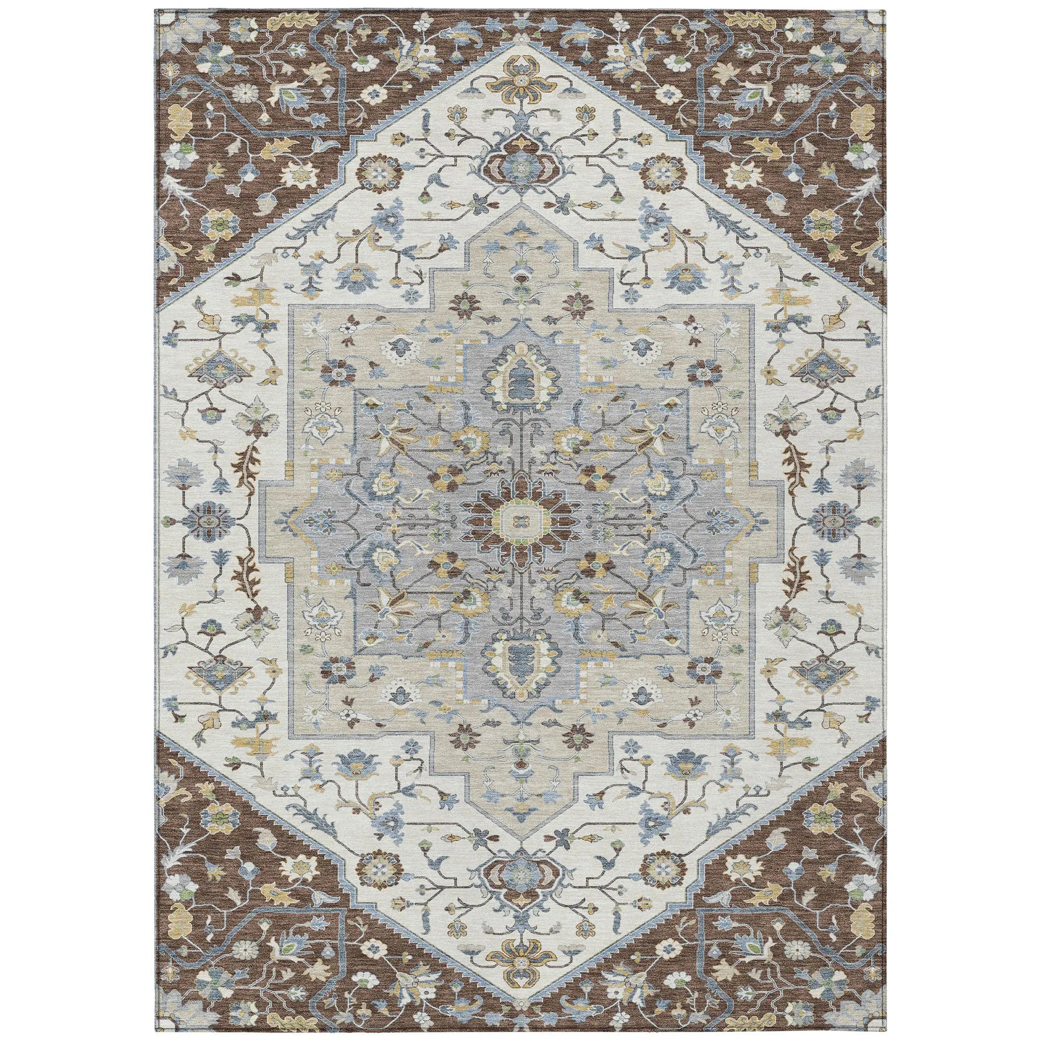 10' X 14' Chocolate And Ivory Floral Medallion Washable Indoor Outdoor Area Rug Homeroots Outdoor