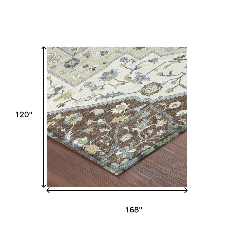 10' X 14' Chocolate And Ivory Floral Medallion Washable Indoor Outdoor Area Rug Homeroots Outdoor