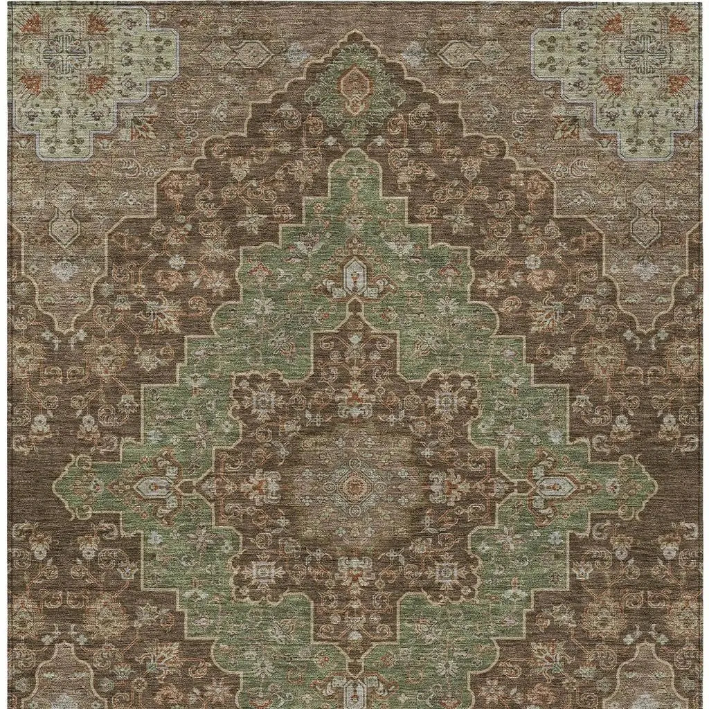 10' X 14' Chocolate And Olive Green Medallion Washable Indoor Outdoor Area Rug Homeroots Outdoor