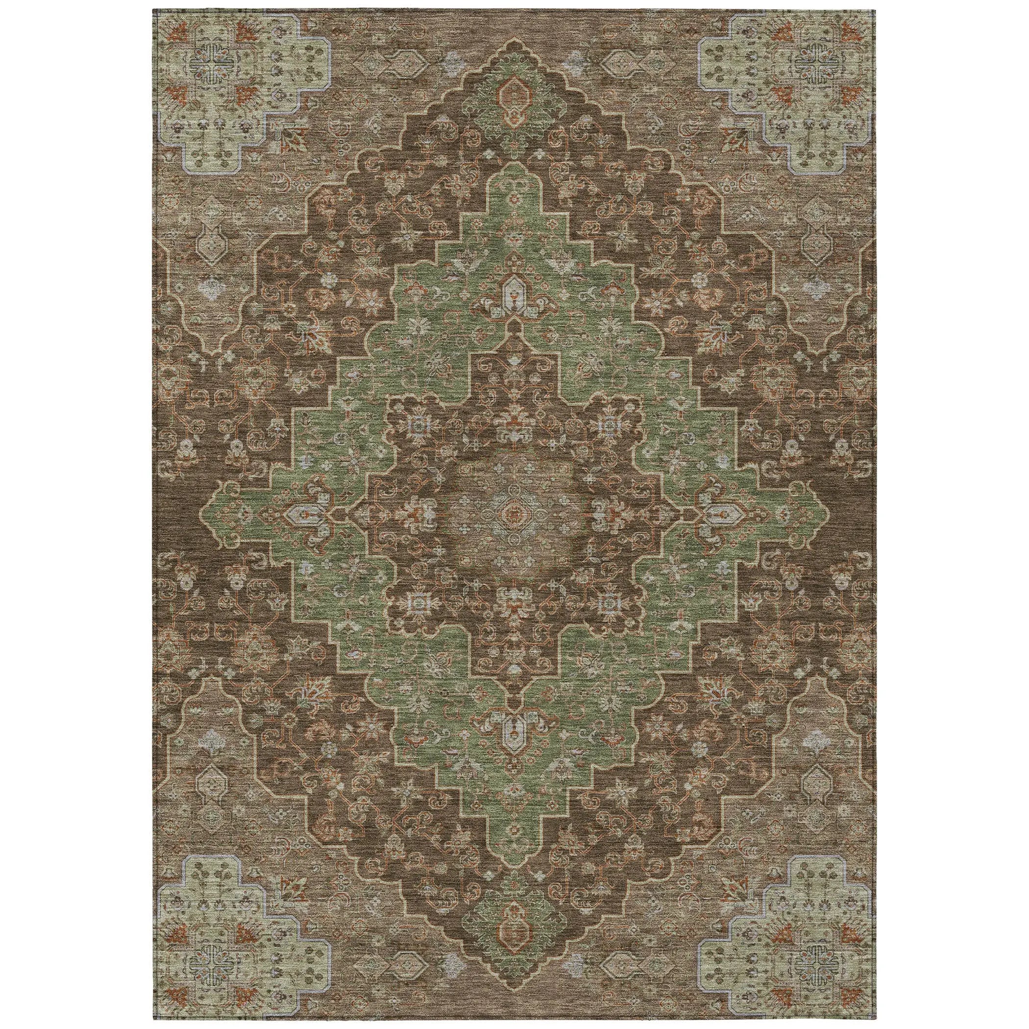 10' X 14' Chocolate And Olive Green Medallion Washable Indoor Outdoor Area Rug Homeroots Outdoor