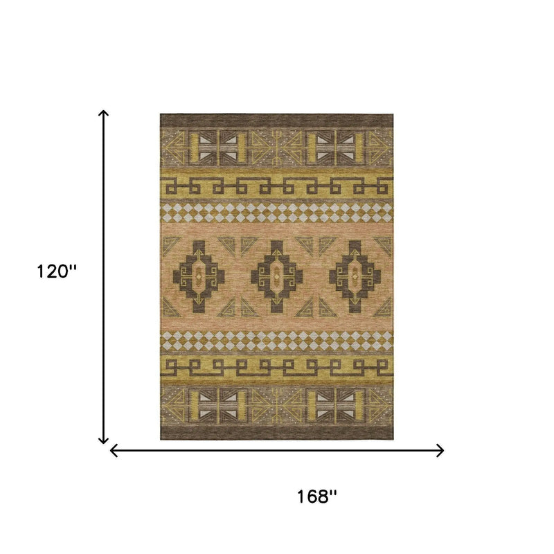 10' X 14' Chocolate And Olive Green Tribal Washable Indoor Outdoor Area Rug Homeroots Outdoor