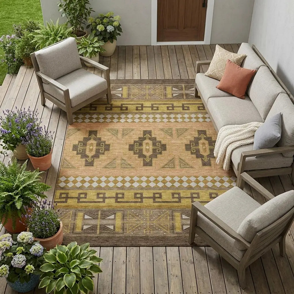 10' X 14' Chocolate And Olive Green Tribal Washable Indoor Outdoor Area Rug Homeroots Outdoor