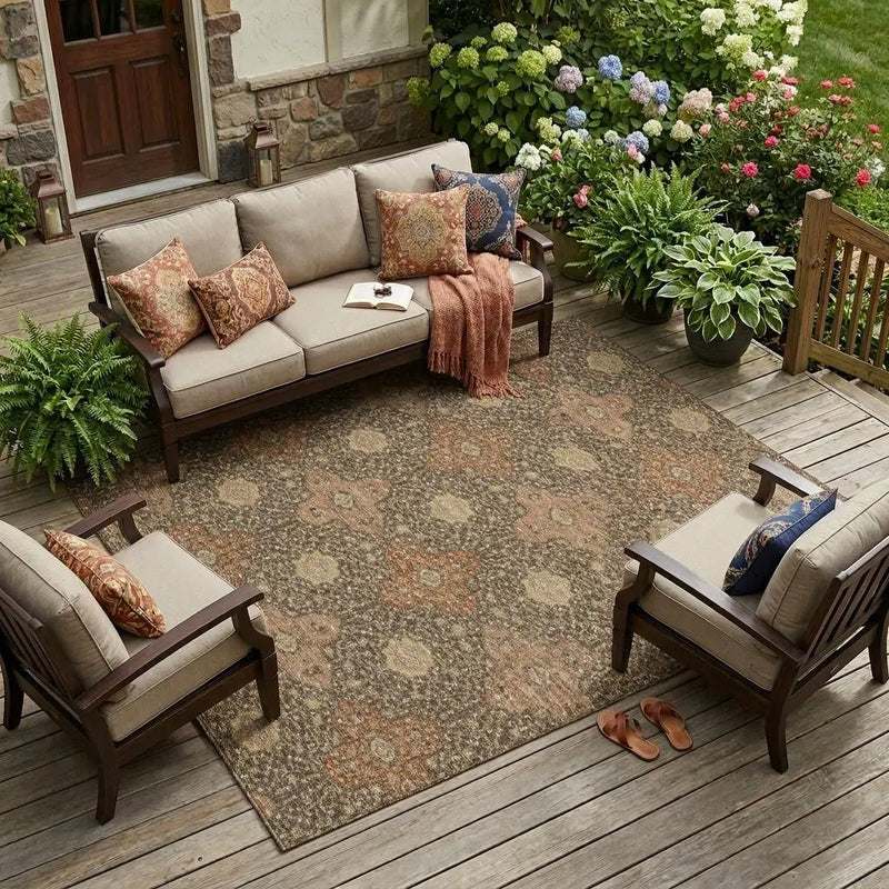 10' X 14' Chocolate And Orange Damask Washable Indoor Outdoor Area Rug Homeroots Outdoor