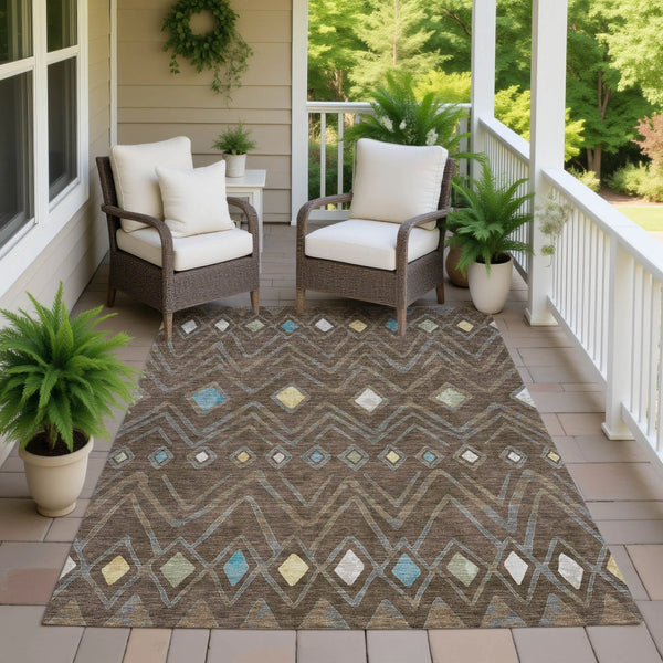 10' X 14' Chocolate And Orange Geometric Washable Indoor Outdoor Area Rug Homeroots Outdoor