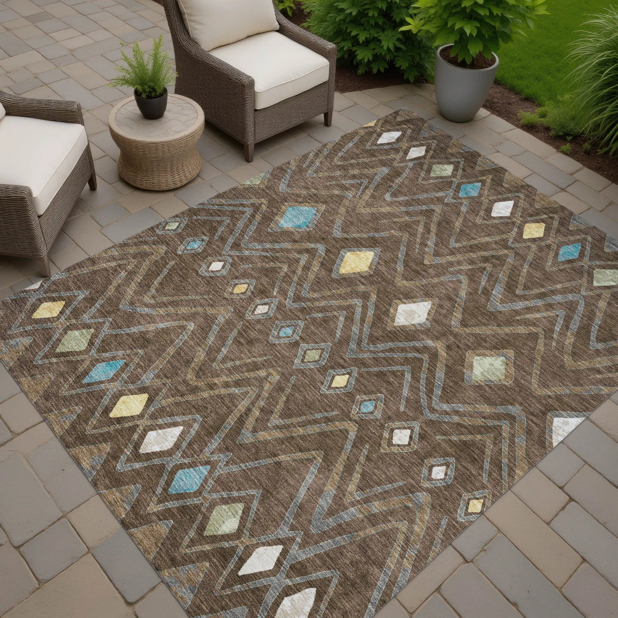 10' X 14' Chocolate And Orange Geometric Washable Indoor Outdoor Area Rug Homeroots Outdoor
