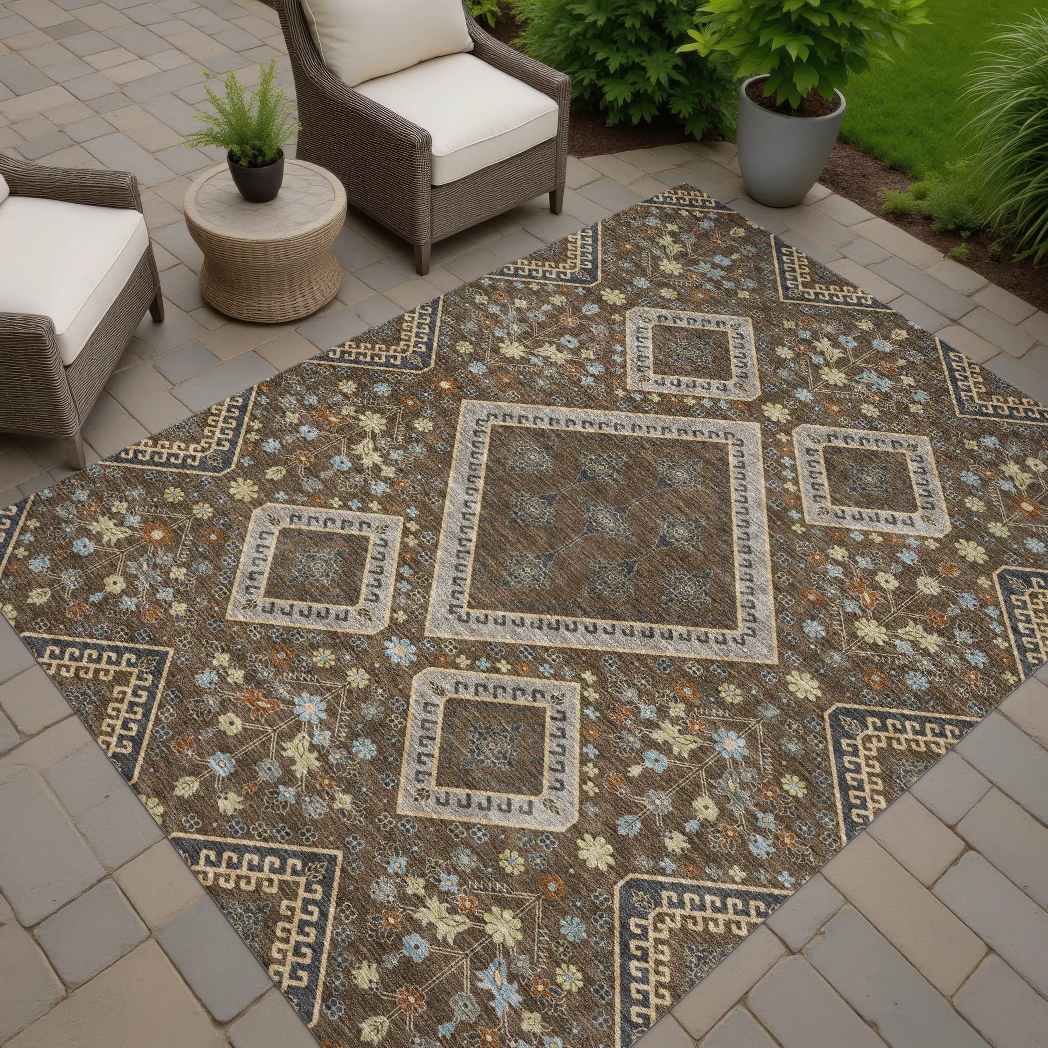 10' X 14' Chocolate And Orange Medallion Washable Indoor Outdoor Area Rug Homeroots Outdoor