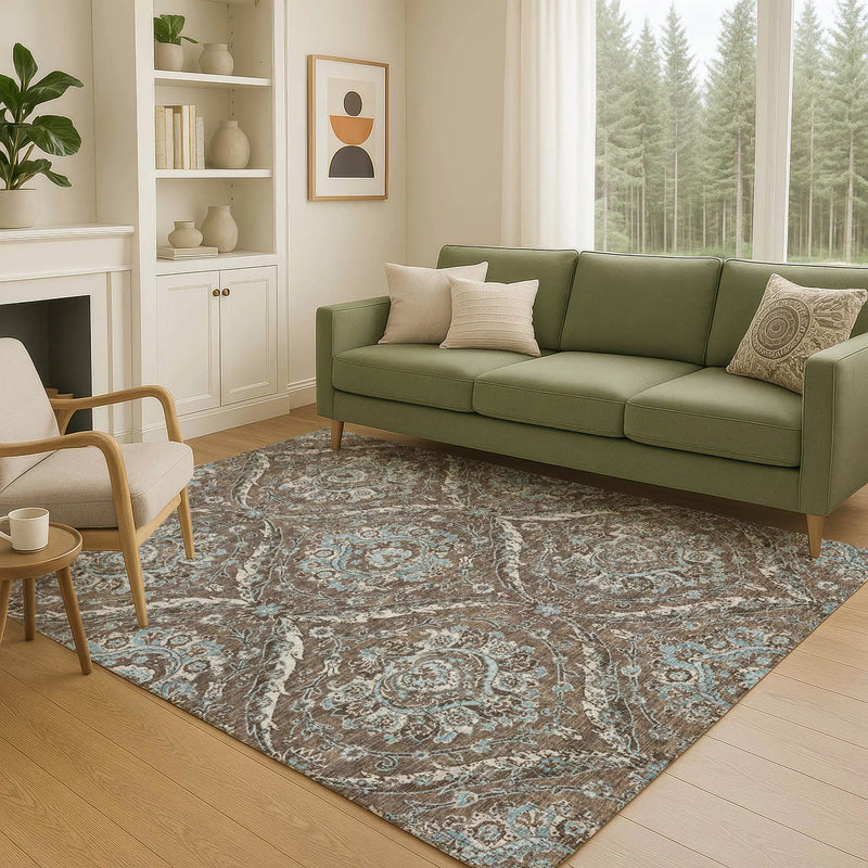 10' X 14' Chocolate And Silver Floral Washable Indoor Outdoor Area Rug Homeroots Outdoor