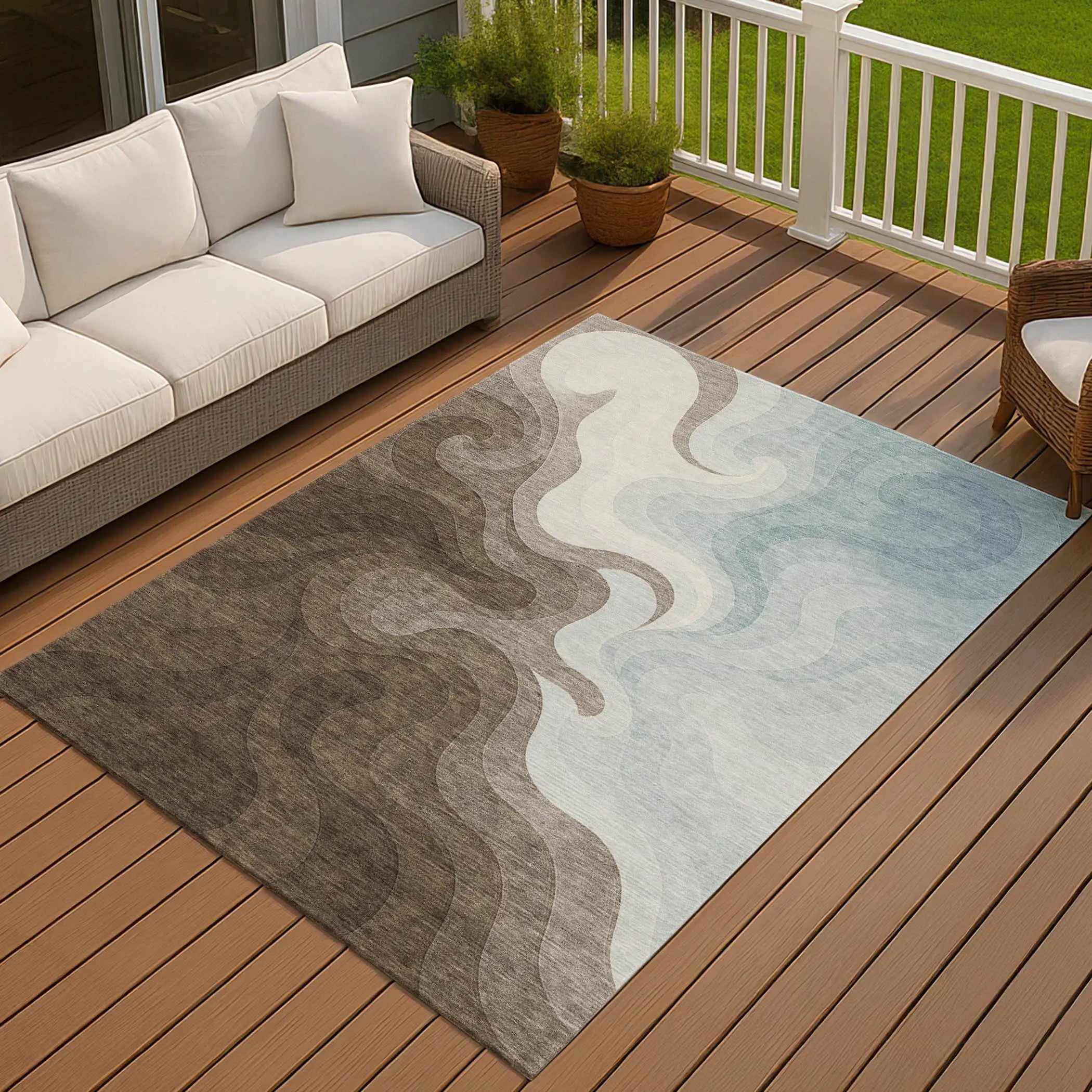 10' X 14' Chocolate And Sky Blue Abstract Washable Indoor Outdoor Area Rug Homeroots Outdoor