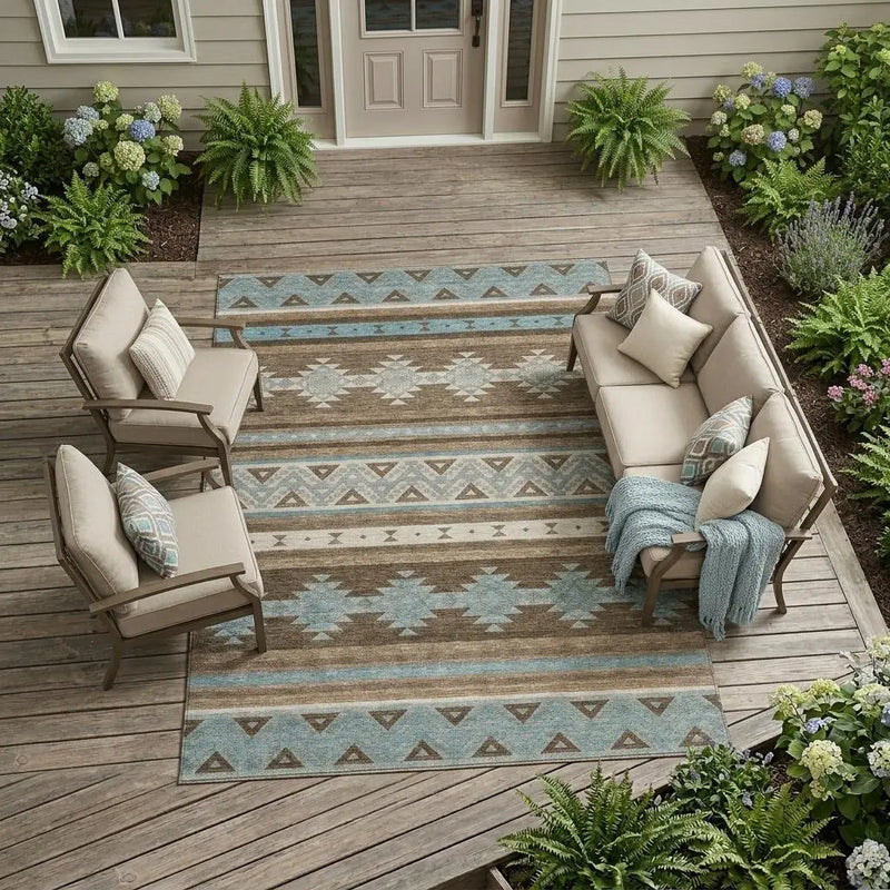 10' X 14' Chocolate And Teal Blue Southwestern Washable Indoor Outdoor Area Rug Homeroots Outdoor