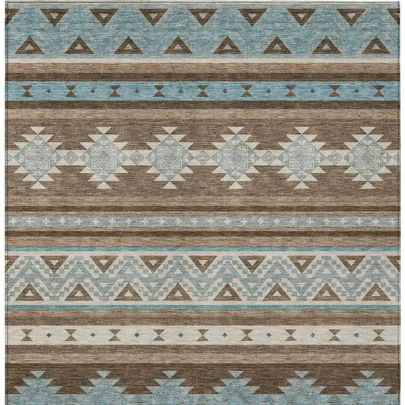 10' X 14' Chocolate And Teal Blue Southwestern Washable Indoor Outdoor Area Rug Homeroots Outdoor