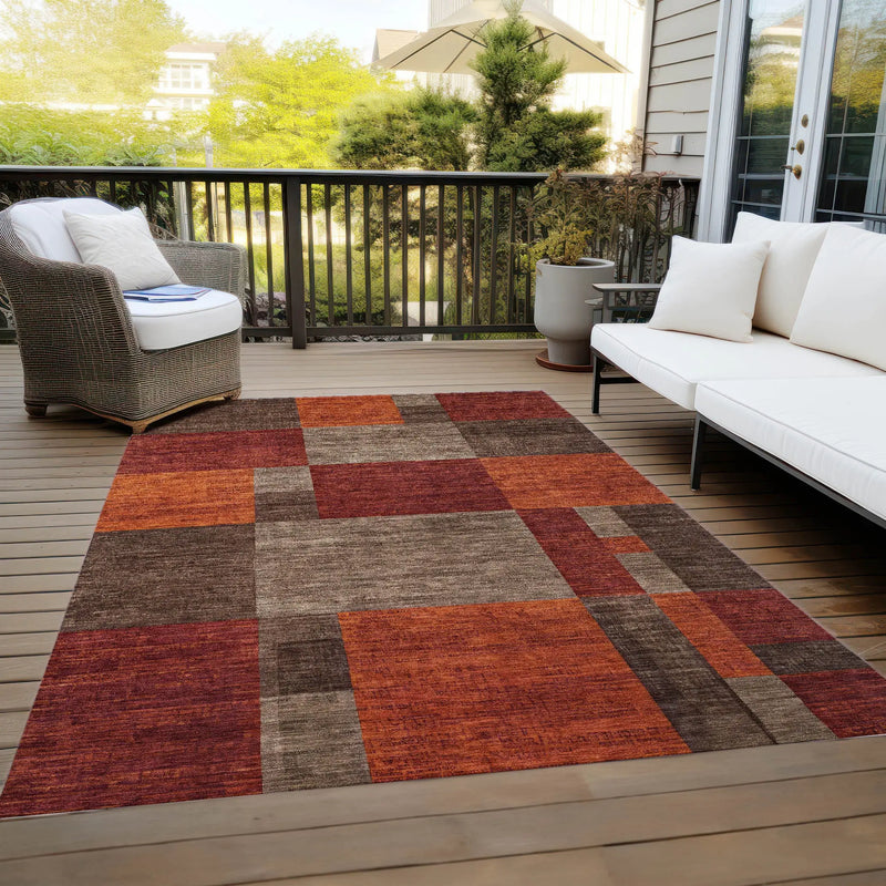 10' X 14' Chocolate Taupe And Orange Geometric Washable Indoor Outdoor Area Rug Homeroots Outdoor