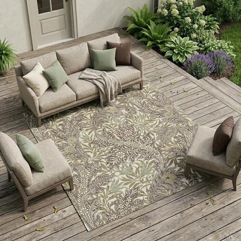 10' X 14' Coffee And Brown Botanical Leaves Washable Indoor Outdoor Area Rug Homeroots Outdoor