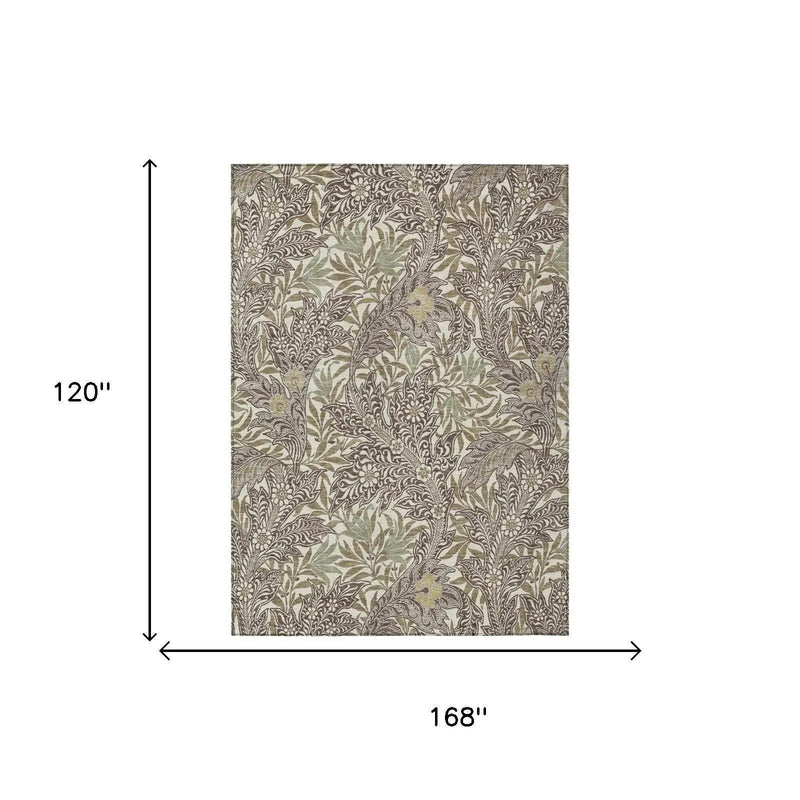 10' X 14' Coffee And Brown Botanical Leaves Washable Indoor Outdoor Area Rug Homeroots Outdoor