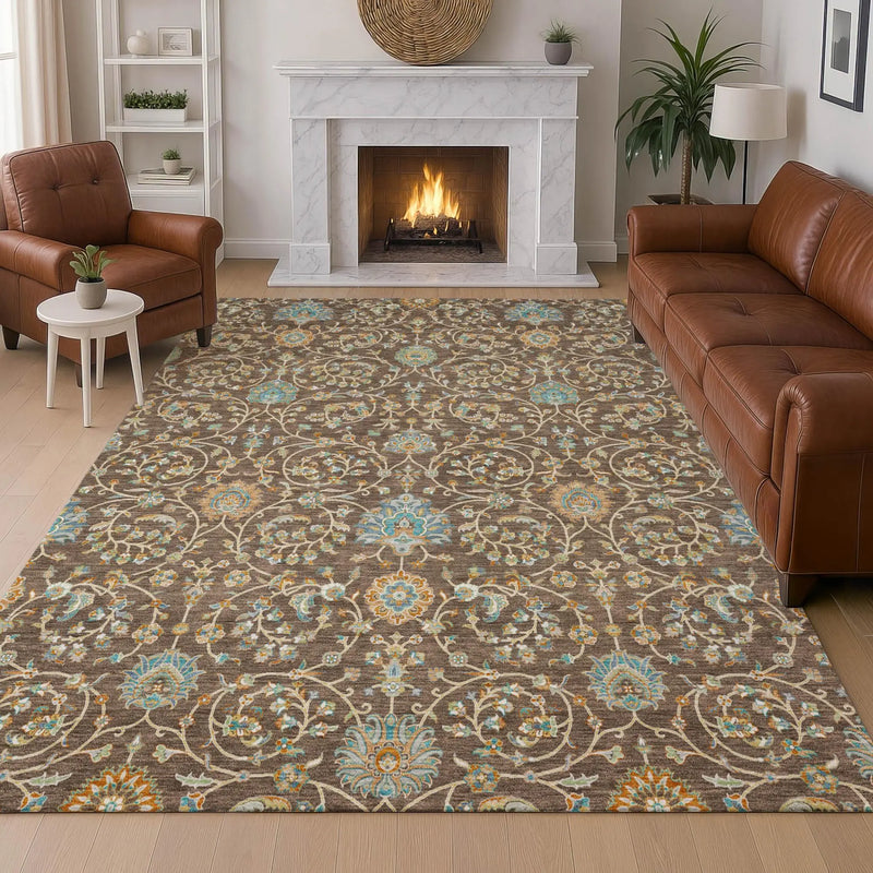 10' X 14' Coffee And Brown Floral Washable Indoor Outdoor Area Rug Homeroots Outdoor