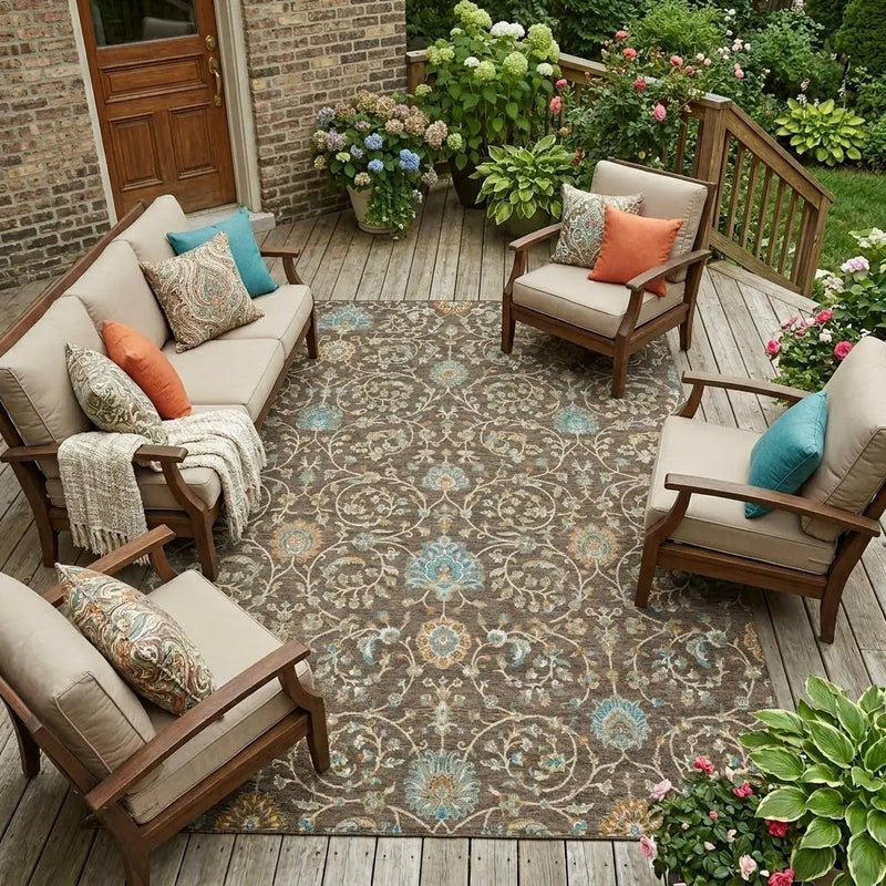 10' X 14' Coffee And Brown Floral Washable Indoor Outdoor Area Rug Homeroots Outdoor