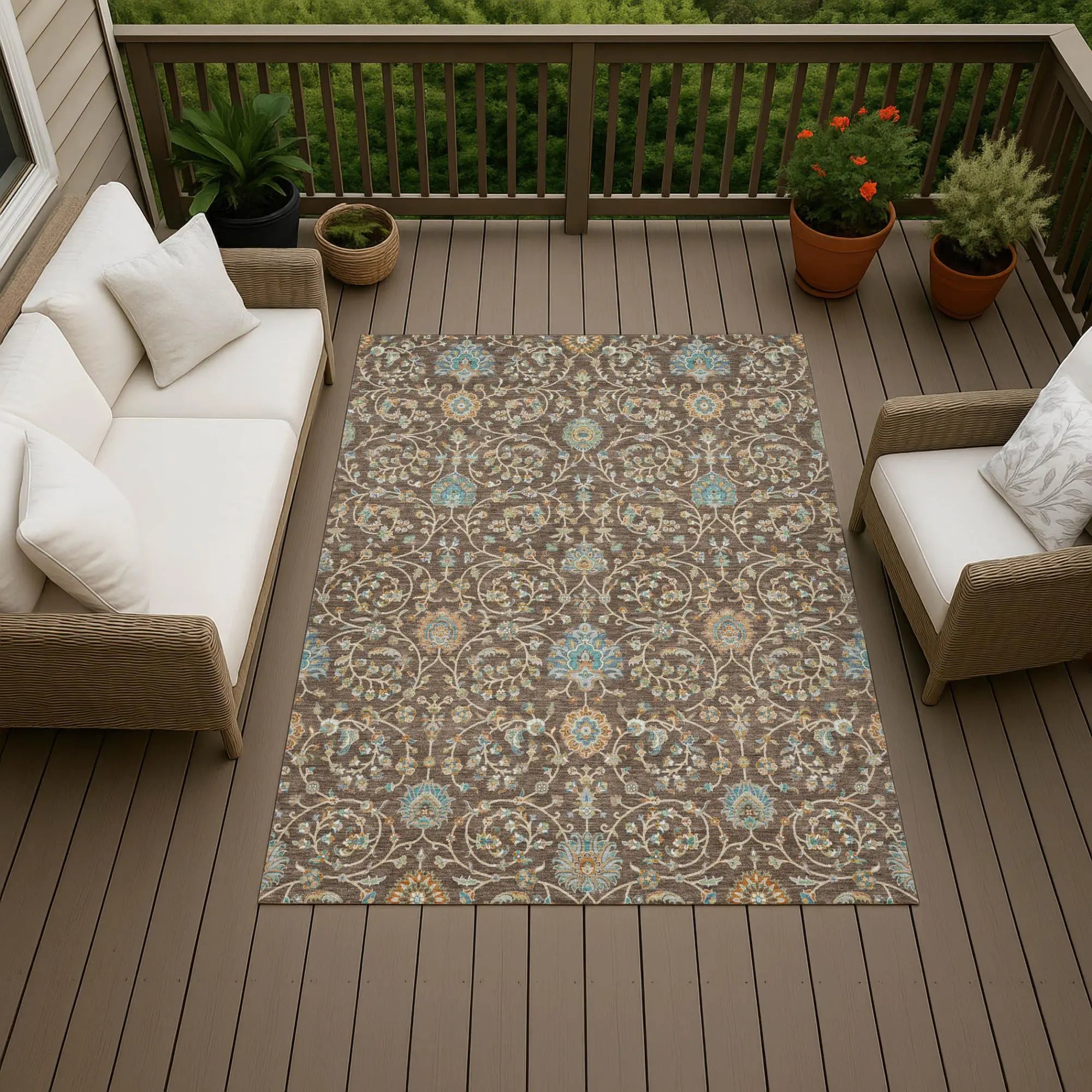 10' X 14' Coffee And Brown Floral Washable Indoor Outdoor Area Rug Homeroots Outdoor