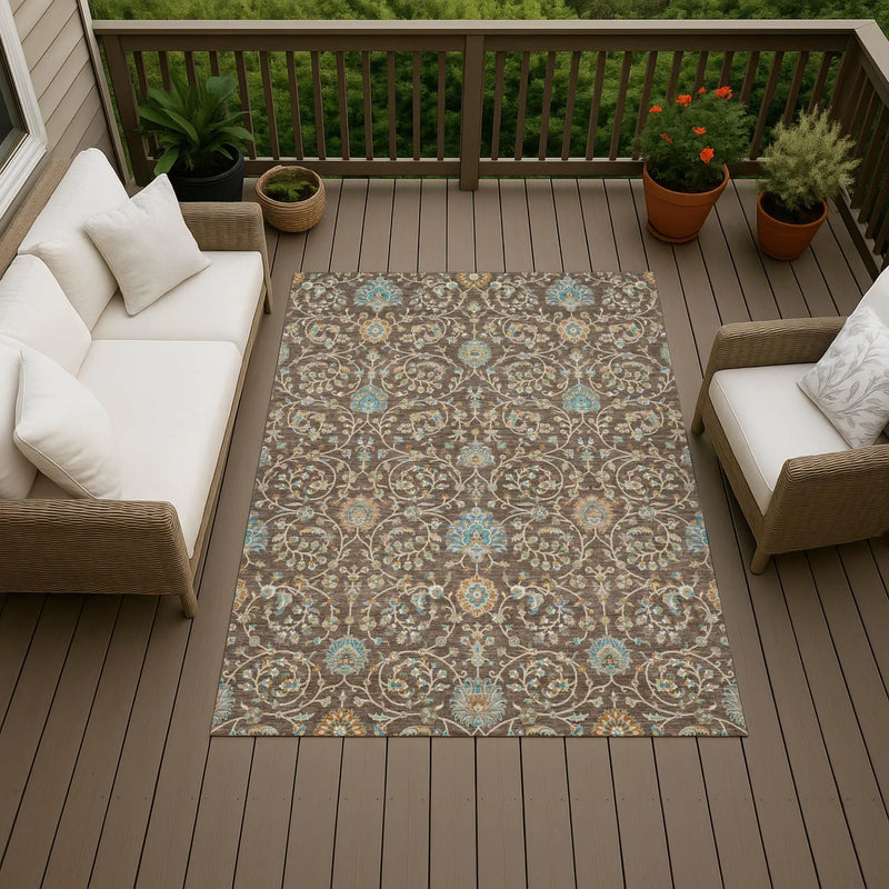 10' X 14' Coffee And Brown Floral Washable Indoor Outdoor Area Rug Homeroots Outdoor