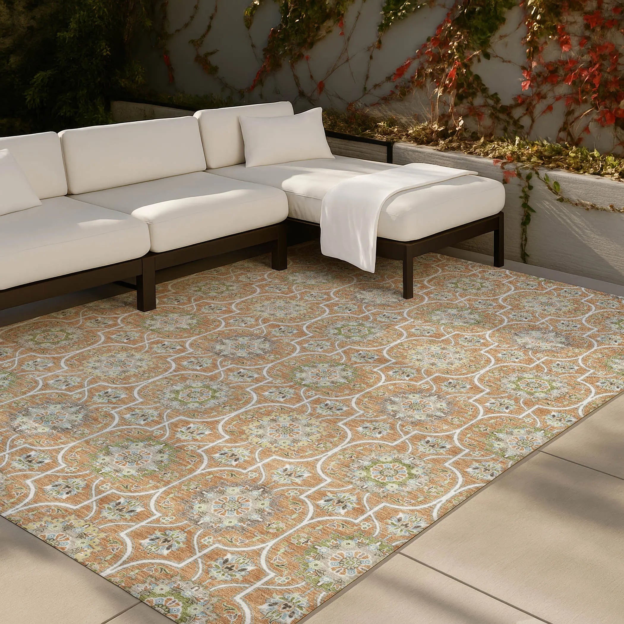 10' X 14' Copper And Beige Floral Medallion Washable Indoor Outdoor Area Rug Homeroots Outdoor