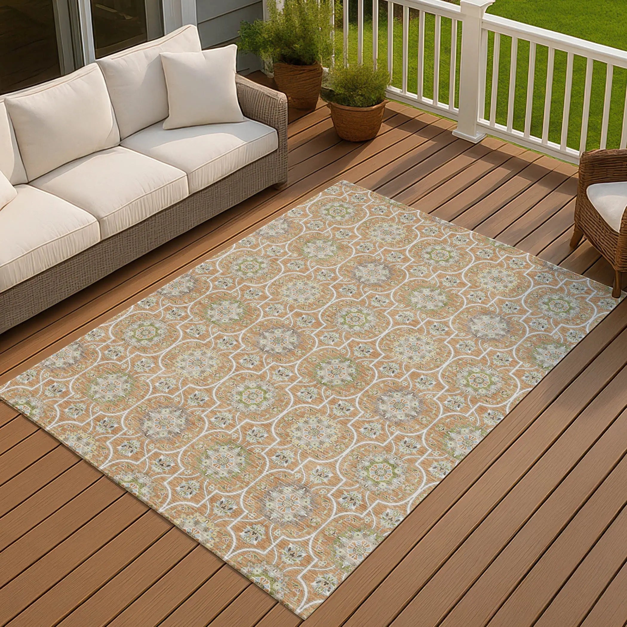 10' X 14' Copper And Beige Floral Medallion Washable Indoor Outdoor Area Rug Homeroots Outdoor