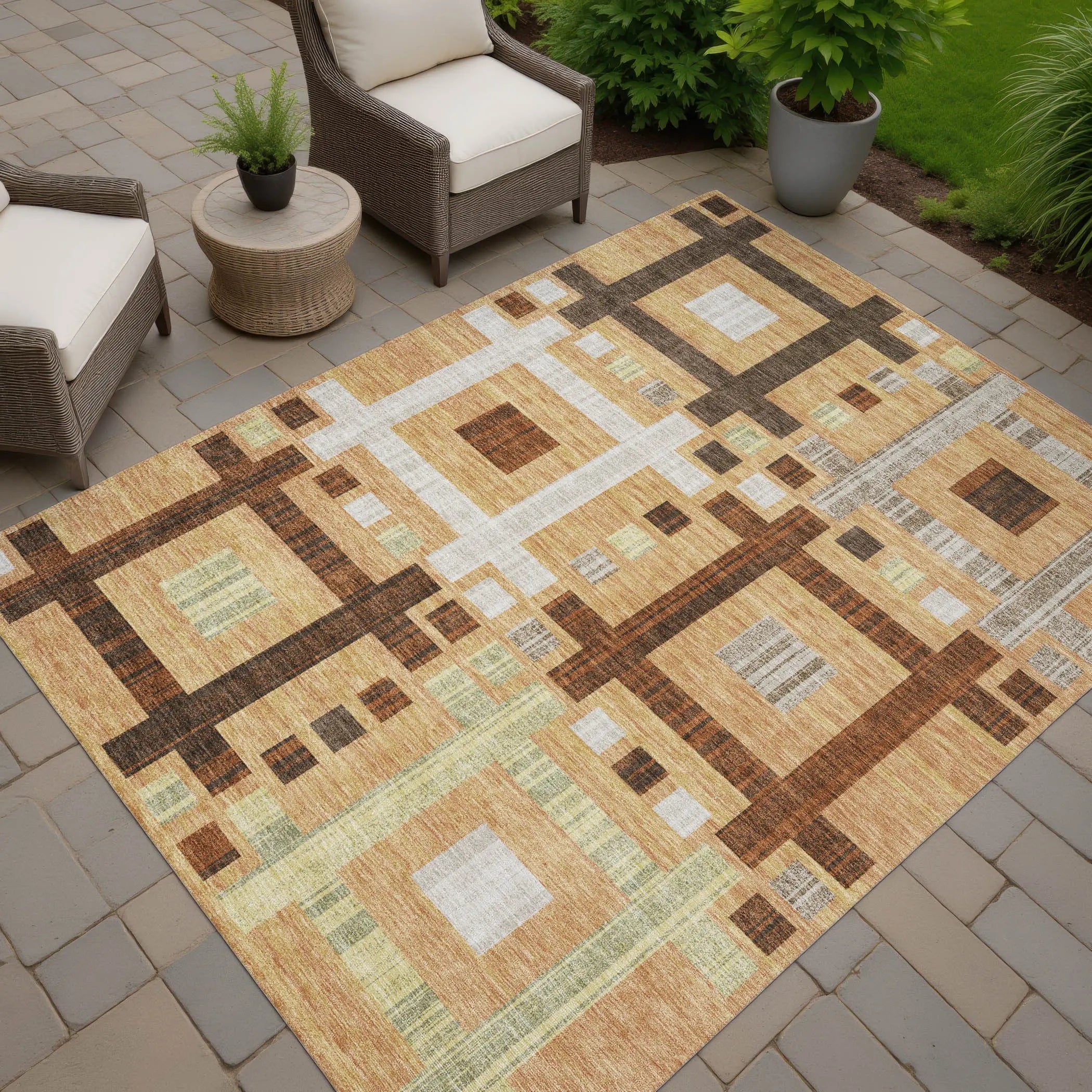 10' X 14' Copper And Brown Geometric Washable Indoor Outdoor Area Rug Homeroots Outdoor