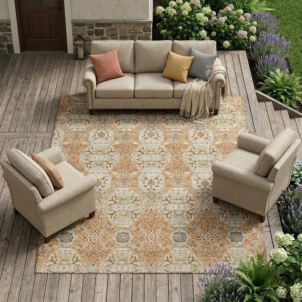 10' X 14' Copper And Gold Floral Washable Indoor Outdoor Area Rug Homeroots Outdoor