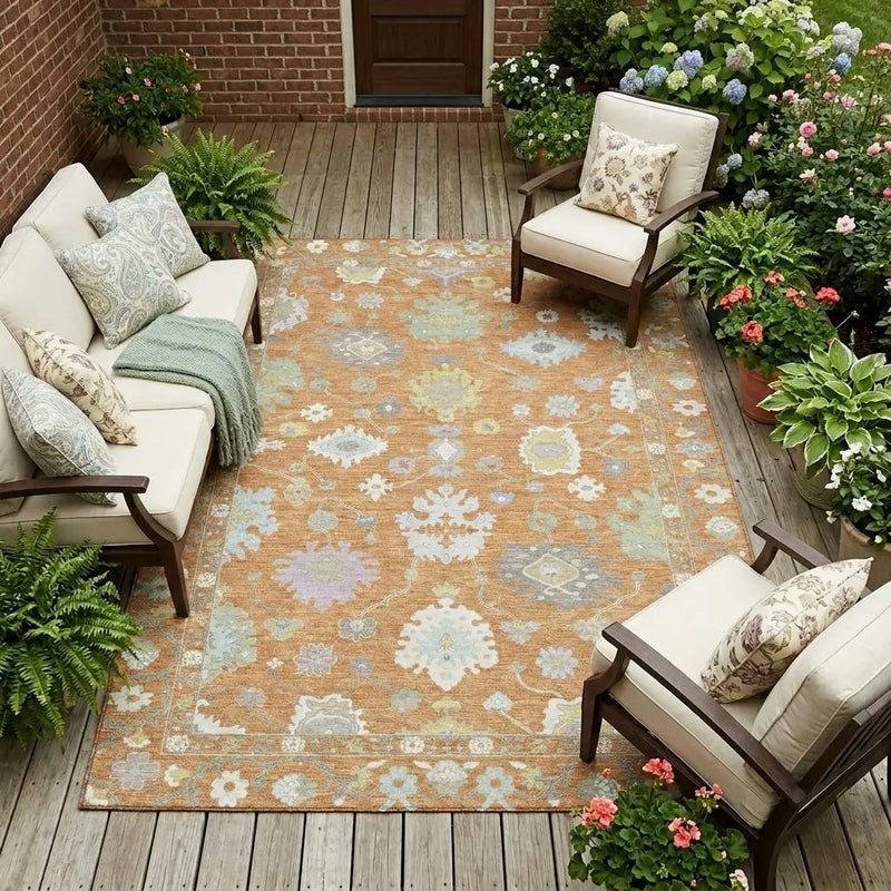 10' X 14' Copper And Gold Oriental Washable Indoor Outdoor Area Rug Homeroots Outdoor