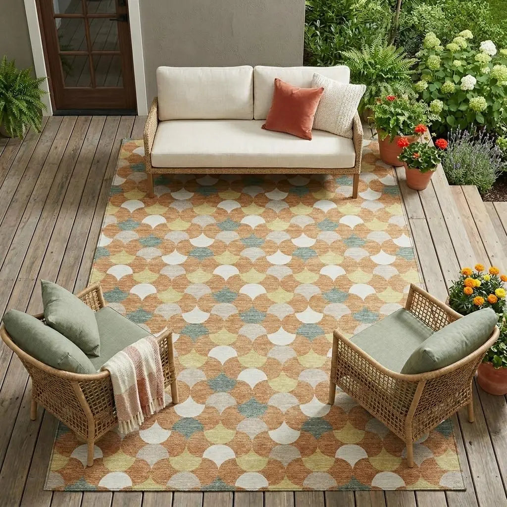 10' X 14' Copper And Green Geometric Washable Indoor Outdoor Area Rug Homeroots Outdoor