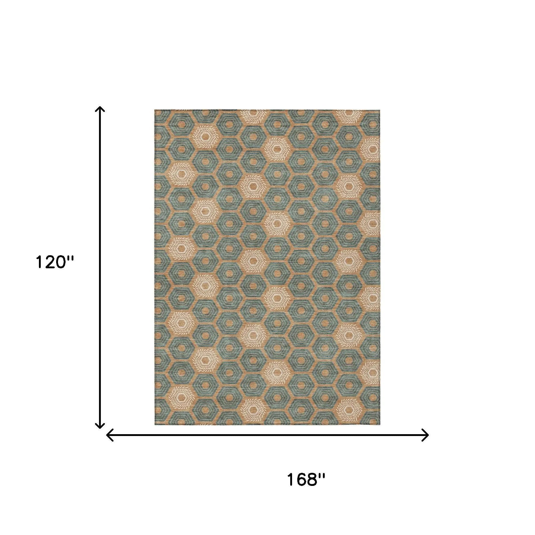 10' X 14' Copper And Green Geometric Washable Indoor Outdoor Area Rug Homeroots Outdoor