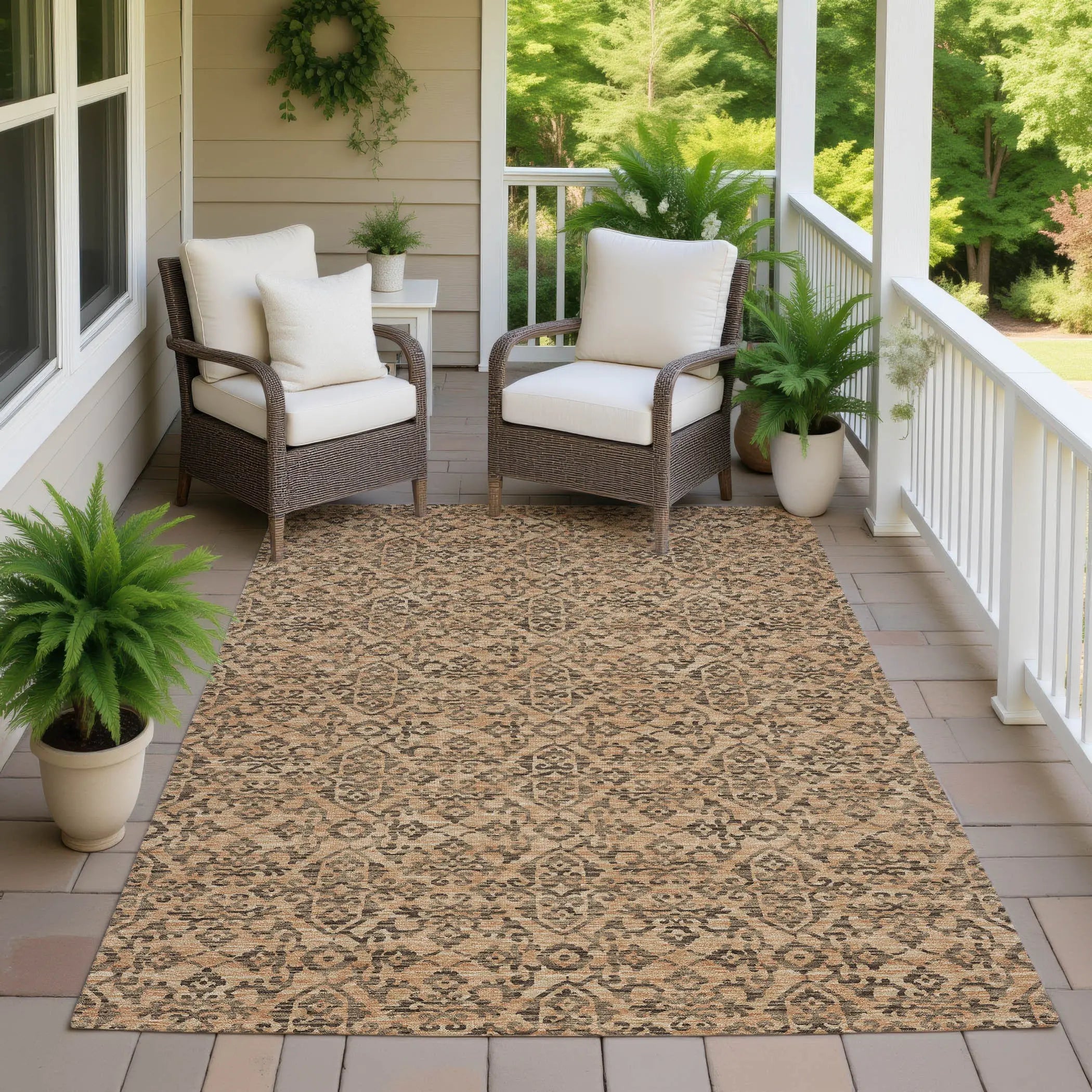 10' X 14' Copper And Green Oriental Washable Indoor Outdoor Area Rug Homeroots Outdoor