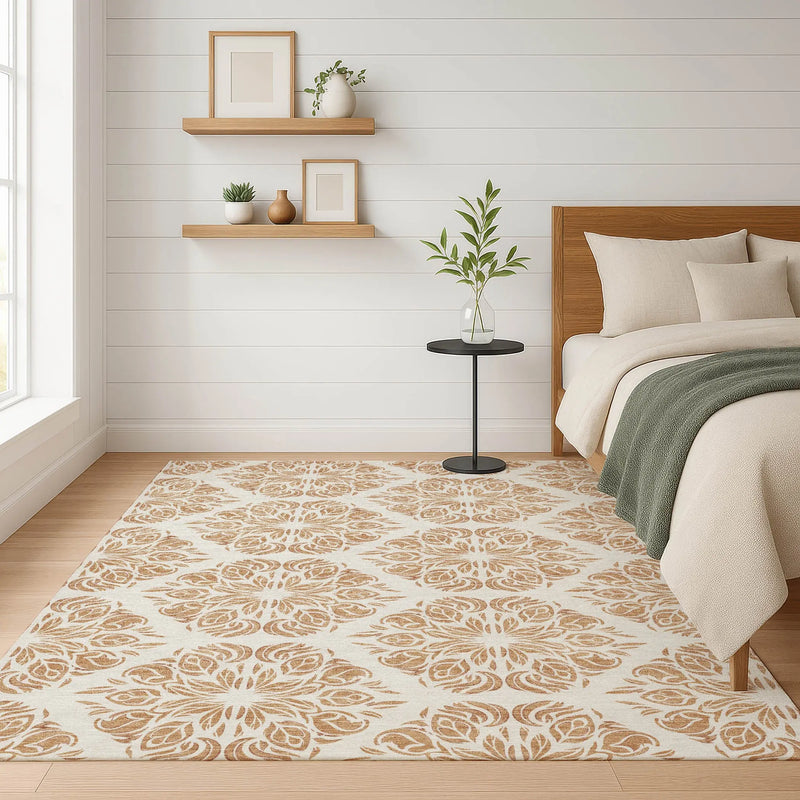 10' X 14' Copper And Ivory Damask Washable Indoor Outdoor Area Rug Homeroots Outdoor