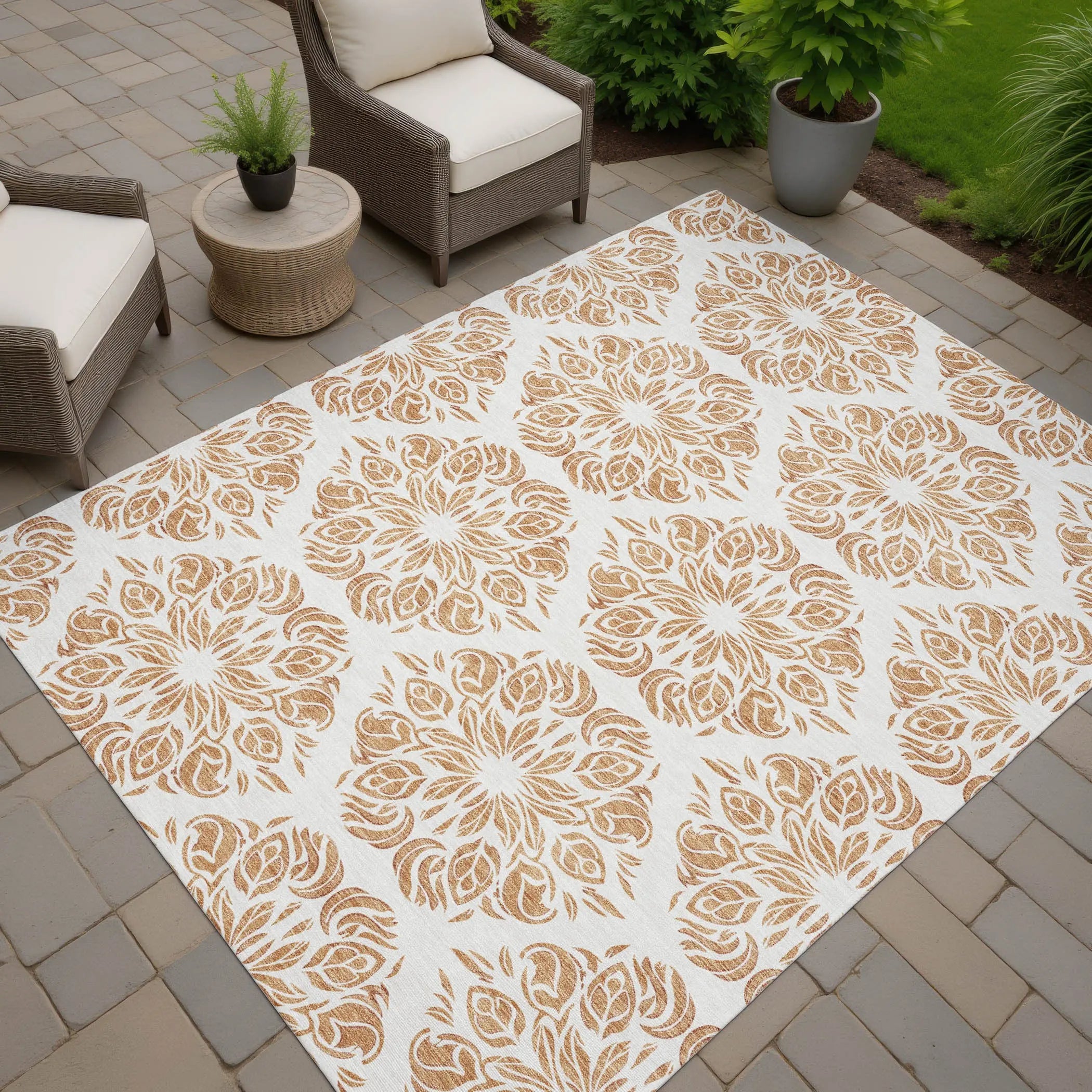 10' X 14' Copper And Ivory Damask Washable Indoor Outdoor Area Rug Homeroots Outdoor