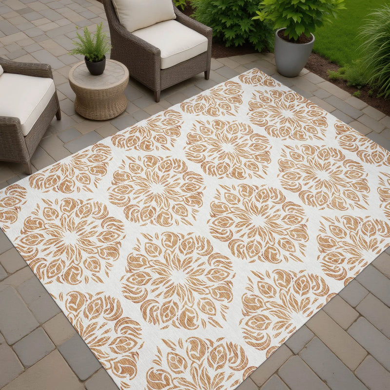 10' X 14' Copper And Ivory Damask Washable Indoor Outdoor Area Rug Homeroots Outdoor