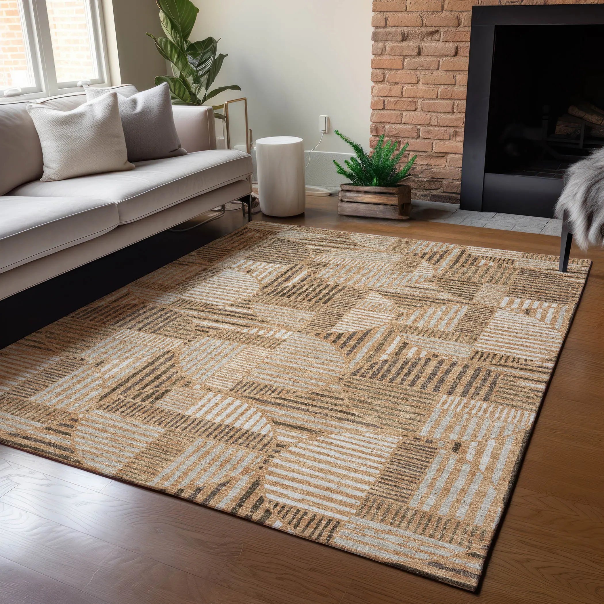 10' X 14' Copper And Khaki Geometric Washable Indoor Outdoor Area Rug Homeroots Outdoor