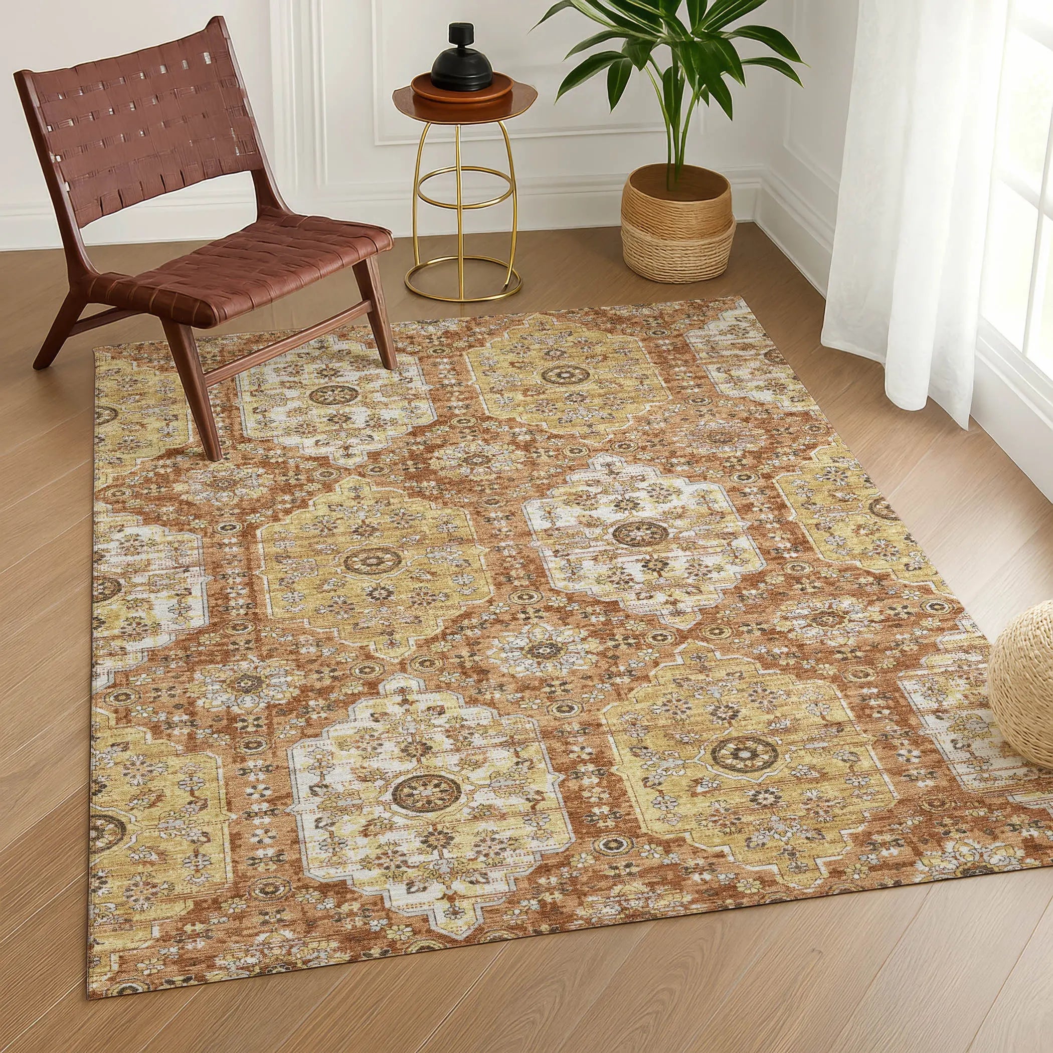 10' X 14' Copper And Orange Damask Washable Indoor Outdoor Area Rug Homeroots Outdoor