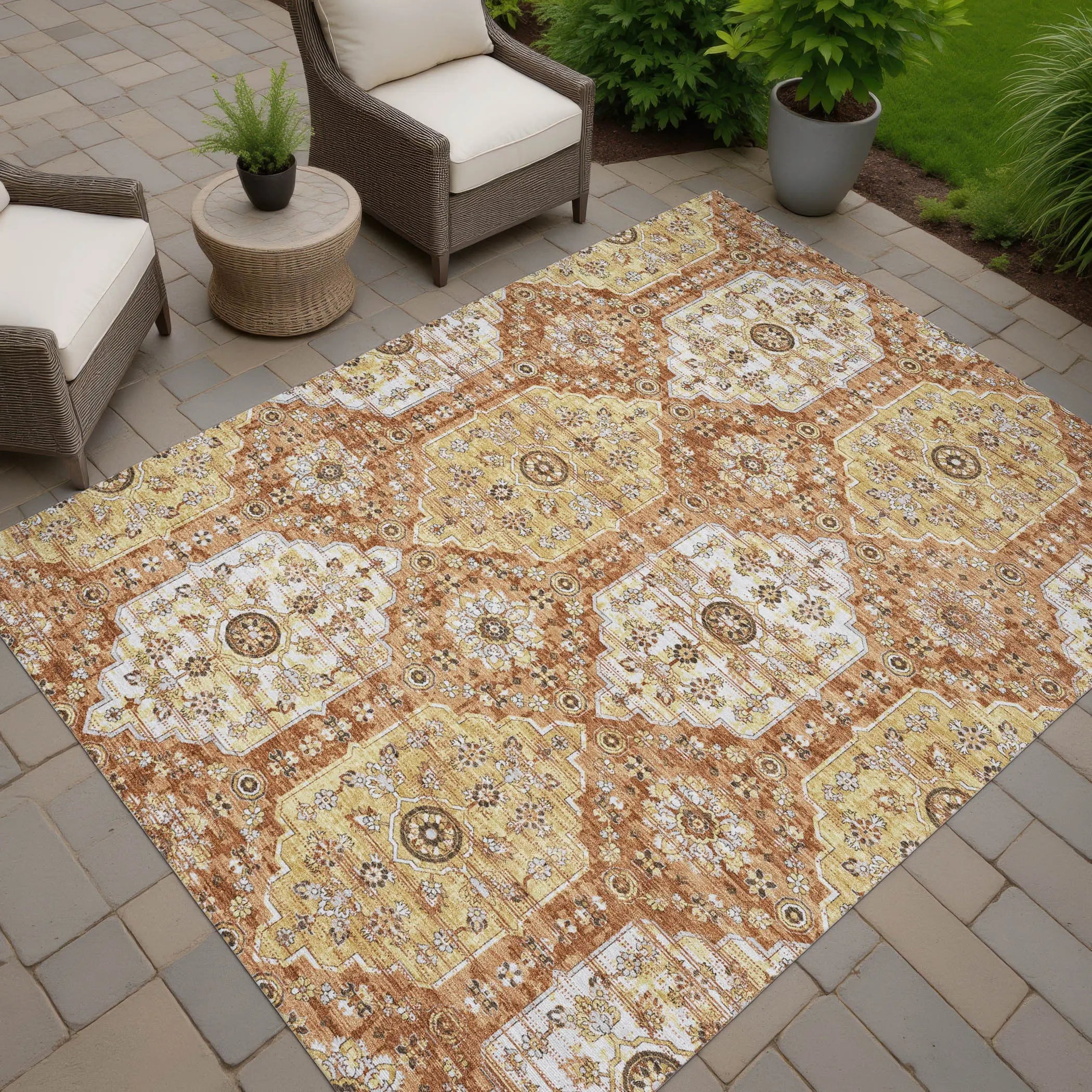 10' X 14' Copper And Orange Damask Washable Indoor Outdoor Area Rug Homeroots Outdoor