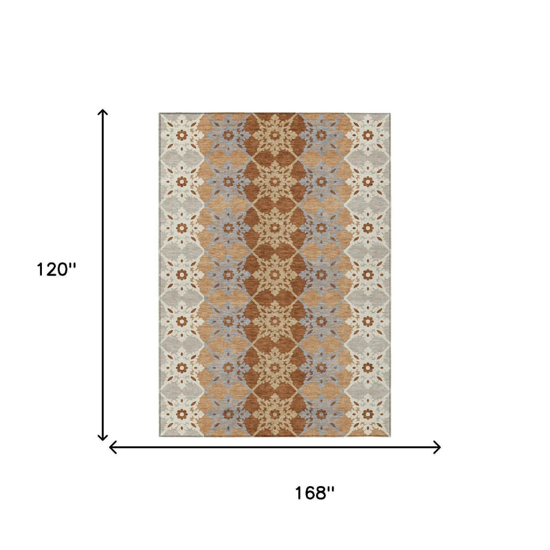 10' X 14' Copper And Orange Floral Medallion Washable Indoor Outdoor Area Rug Homeroots Outdoor