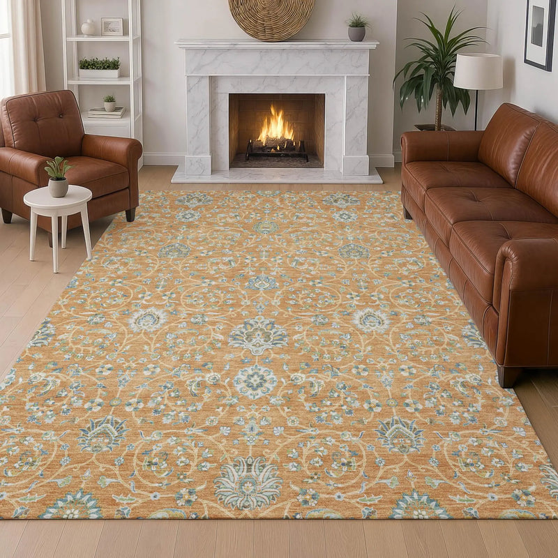 10' X 14' Copper And Orange Floral Washable Indoor Outdoor Area Rug Homeroots Outdoor