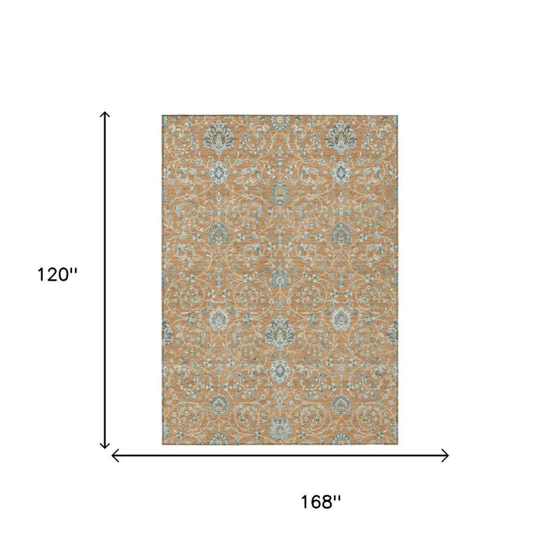 10' X 14' Copper And Orange Floral Washable Indoor Outdoor Area Rug Homeroots Outdoor