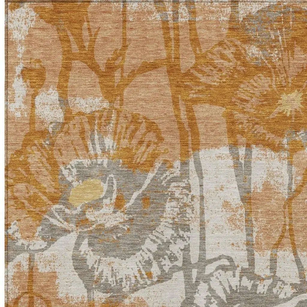 10' X 14' Copper And Orange Floral Washable Indoor Outdoor Area Rug Homeroots Outdoor